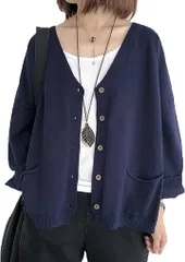 NEKORA ネコラ カーディガン 長袖 Vネック 薄手 無地 アウター レディース( ネイビー,  XL)