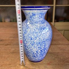 ヴィンテージ陶器ハンドペイントフラワーベースブルー＆2ラインスペイン