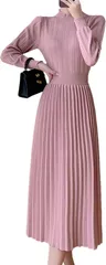 J-Scott ワンピース レディース ニット プリーツ モックネック パフスリーブ ミモレ丈 Aライン 長袖 レディースライク プチハイネック ファッション ウエスト切替 お洒落 フレアワンピース 袖デザイン JS119(ピンク,  S)