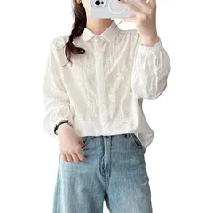 【新品】 [R6seven] レディース ブラウス 長袖 シャツ ブラウス 刺繍 トップス シアートップス 着痩せ 可愛い おしゃれ 着心地らくちん カジュアル 通勤 デート 大人 学生 0