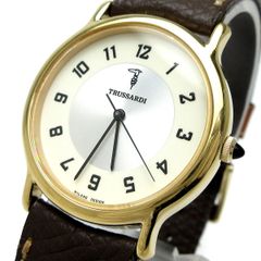 トラサルディ ゴールドラウンド メンズ 革 白 シルバー TR2801 時計 TRUSSARDI クォーツ ヴィンテージ 稼動品
