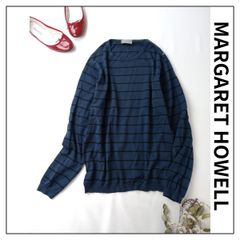 ◯MARGARET HOWELL × JOHN SMEDLEY マーガレットハウエル ジョンスメドレー ボーダー コットン 綿 100％ ニット プルオーバー L ネイビー 紺 (80Y＋5978)25A☆