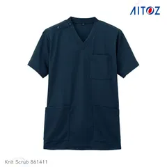ニットスクラブ アイトス 861411 ダークネイビー 男女兼用 上着単品 吸汗速乾 ストレッチ 快適 白衣 医者 看護師 ナースウェア ドクター メディカル リハビリ 病院 動物病院 介護 歯医者 美容 サロン AITOZ 『SS～5L』のサムネイル
