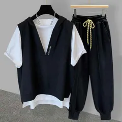 種類8：L3/F：黒 メンズ ファッション 服 用 オシャレ シンプル 大人 かっこいい ストリート 夏コーデ  フェイクツーピース T シャツ スーツ 