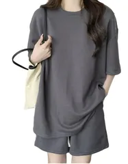 [ReiLuana] スエット レディース Tシャツ ショート パンツ ルーム ウェア 部屋着 セットアップ (ダークグレー, XL) [ダークグレー] [XL]