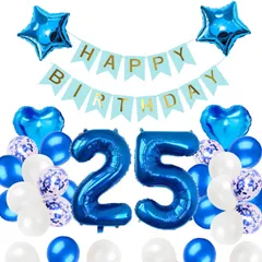 25歳 25歳誕生日 バルーン 風船 飾り付け セット ブルー 数字バルーン 25 HAPPY BIRTHDAYガーランド ハート風船 紙吹雪風船 バースデーバルーン 風船 男の子 女の子 祝い バースデー お祝い 飾り 記念日 部屋 撮影