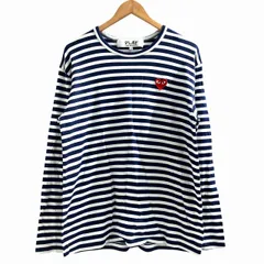 プレイコムデギャルソン PLAY COMME des GARCONS 美品 Tシャツ カットソー 長袖 ボーダー ハートワッペン 紺 ネイビー 白 大きいサイズ XL