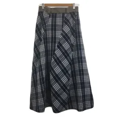 アクシーズファム axes femme スカート フレア ロング ウエストゴム パッチワーク チェック レース M 紺 白 ネイビー ホワイト