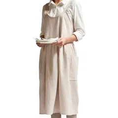 [SALUDABLE] 北欧風エプロン おしゃれでかわいい ワンピース H型 シンプル 保育士 ドレス コットン ナチュラル ロング丈 ポケット付き (ベージュ) [ベージュ]