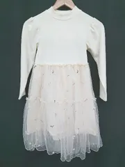 ◇ apres les cours アプレレクール キッズ 子供服 花柄 チュール 長袖 膝下丈 ワンピース サイズ130 ベージュ 女の子 P  【1406240045938】