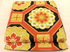 平和屋着物◎六通柄袋帯　唐織　蜀江正倉院文　黒地　金糸　正絹　逸品　BAAT3261du