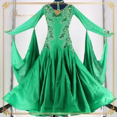 社交ダンス 衣装 スタンダード ドレス ワンピース スタンダードドレス 緑 フロート レース フリル グリーン系 デモ 競技用 ダンス パーティ 発表会 ふんわり スカート 光沢感 おしゃれ ダンス衣装 競技用ドレス レディース フォーマル ステージ衣装
