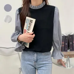 Tシャツ レディース シャツ 長袖 バルーン袖 レイヤード風 重ね着風 トップス 体型カバー 配色 カジュアル きれいめ 大人可愛いcbrxx11