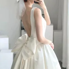 パールが可愛い リボン付き ミモレ丈 ワンピース ホワイト