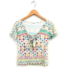 キャシャレル cacharel リボン ブラウス カットソー クロップド ストレッチ 花柄 半袖 黄 イエロー 青 ブルー /NT1のサムネイル