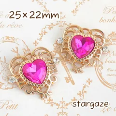 【 2個 】 25×22mm ハートセンターパーツ ストーン ビジュー ピンク×ゴールドフレーム