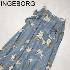 【目立った傷汚れなし】INGEBORG　インゲボルグ　スカート　ブルー　ドット　古着　ロングスカート　ユリ　フレアスカート