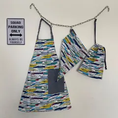 ハンドメイド新幹線柄☆120〜130こどもエプロン、三角巾、巾着3点セット