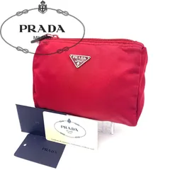 PRADA ナイロン ミニ ポーチ 小物入れ 三角ロゴ シルバー金具 化粧ポーチ コスメ メイク コインケース 小銭入れ マルチケース トライアングルロゴ プレート コンパクトケース ギャランティカード付き CHERRY レッド