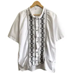 LRSM グアテマラシャツ スタンドカラー 刺繍 ポケット付き 半袖シャツ 白×黒 サイズEX No.Y340