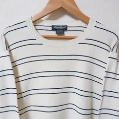 (^w^)b Eddie Bauer エディーバウアー 長袖 サマーニット コットン セーター 丸首 クルーネック トップス ボーダー オシャレ タウンユース シンプル カジュアル ホワイト 白 メンズ  サイズM