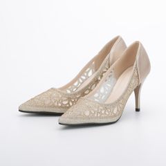 パンプス ゴールド 結婚式 ピンヒール ハイヒール 22.5 23 23.5 24 24.5 ビジュー レザーカット ポインテッドトゥ レディース オケージョン フォーマル haremode 3395