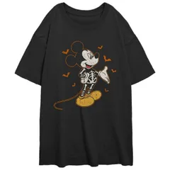 【送料無料】 ディズニー レディース Tシャツ トップス Disney's Mickey Mouse Skeleton And Bats Juniors' Oversized Graphic Tee Black