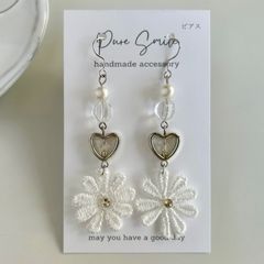 ハート ビーズ お花 ピアス シルバー ホワイト