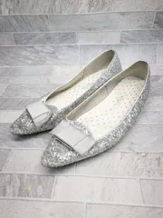 ◇ Θ DIANA ダイアナ リボン フラット パンプス シューズ サイズ22.5cm シルバー レディース P  【1409250020841】