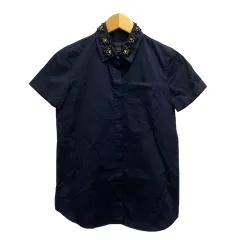 ジェイクルー J.CREW シャツ ブラウス ビジュー コットン混 無地 半袖 0 紺 ネイビーのサムネイル