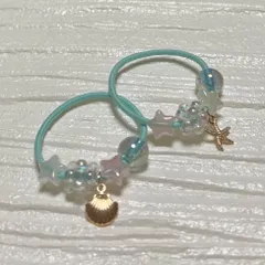 夏　シェル　ヒトデ　ビーズボール　ベビー　キッズ　ヘアゴム　ブルーのサムネイル