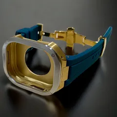 スモークブルー×シルバーゴールド★49mm apple watch ultraアップルウォッチラバーメタルカバーセット　ウルトラ　49ミリ用　カスタム ultra1/2/3