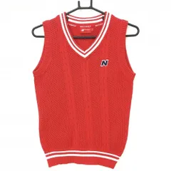 【超美品】ニューバランス ニットベスト レッド×白 Vネック コットン混 透かし編み レディース 1(M) ゴルフウェア New Balance