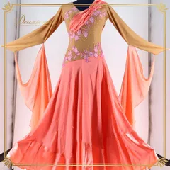 社交ダンス 衣装 スタンダードドレス スタンダード ドレス ワンピース フロート デモ 競技 ダンス サーモンピンク オレンジ ピンク系 ベージュ系 光沢 かわいいデザイン エレガント ダンスパフォーマンス おしゃれ 競技用ドレス コスチューム
