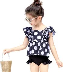 [Electric Circus] キッズ 水着 セパレート 女の子 水玉柄 スイムキャップ付き 3点セット フリル パンツ 小学生 スイムウェア ビキニ (A) かっこいい かわいい おしゃれ 人気 プレゼント ベビー 子供  [A] [Free Size]