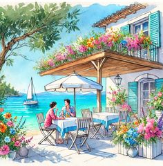 水彩アート｜花咲く海辺の家と猫 A4印刷 AI画像 - メルカリ