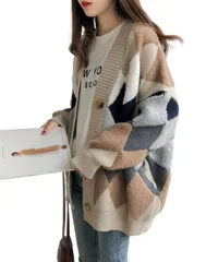 [Dep Club] ほっこり暖かい ニット レディース ゆったり 体型カバー 暖かい カーディガン ベスト おしゃれ 防寒 長袖 大きいサイズ ふわもこ アーガイル 春 秋 冬 春秋 秋冬 (JP, アルファベット, F [ベージュ] [Free Size]