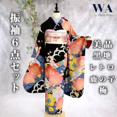 振袖フルセット 振袖セット 振袖 M～Lサイズ 黒×レトロ 美品 成人式 着物 晴れ着 6点セット FN-479