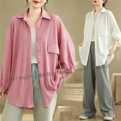 【新品未使用】春秋シャツ レディース トップス オーバーシルエット 長袖羽織り お尻が隠れるロング丈 ナチュラル系の柔らかな色合い 大きいサイズ 大人ラフスタイル kich70