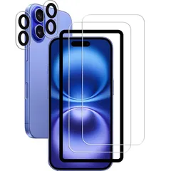 HKKAIS ガラスフィルム iphone16 用 保護フィルム 日本旭硝子製素材 アイフォン 16 カメラフィルム 高い透過率 硬度9H 貼り付け簡単 強化ガラス フィルム カメラ保護【2+2枚セット 】ガイド枠付き 0