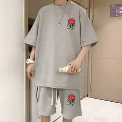 上下セット未使用メンズ夏花柄半袖韓国バラセットアップハーフパンツゆったり薔薇刺繍入りTシャツファッションビッグTシャ