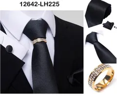 ブラックチェックネクタイ　リング　ネクタイ　ポケットチーフ　カフスボタン　4点　セット　結婚式　発表会　七五三お祝い　イベント　パーティー　卒業式　入学式　入社式　父の日　ビジネス　スーツ　格安　ブラック色　黒色　無地　細かい　格子柄　チェック柄