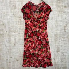 FIFILLES Paris　フィフィーユ　レディース　フレアワンピース　ミドル丈　半袖　Vネック　レッド　花柄　総柄　フラワープリント　フランス製　オシャレ　華やか　s133h51