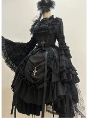 黒ゴスロリ ロリータ3点セット ゴシック スカート 姫袖ブラウス