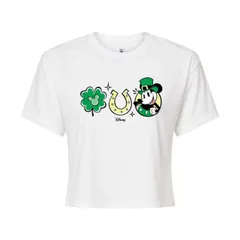 【送料無料】 ライセンス キャラクター レディース Tシャツ トップス Disney's Mickey Mouse Juniors' St. Patrick's Day Cropped Tee White