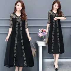 ドレス 結婚式 お呼ばれ ドレス 30代 40代 50代 シースルー パーティードレス 結婚式 二次会 ワンピース 七分袖 長袖 黒 大きいサイズ 3L 4L 5L 6L673