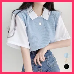 ★スタッフおすすめ★ 半袖ニットtシャツ レイヤード風Ｔシャツ 半袖カットソー通学/オフィスカジュアル/重ね着風Ｔシャツ夏 レディース 襟付きトップス バイカラー おすすめ おしゃれ　人気 上品 1HUAJT-002