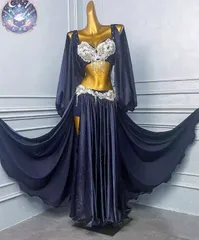 新品 未使用 新作 ベリーダンス オリエンタル衣装 ネイビー 刺繍 ブラ スカート オーダーメイド