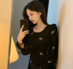 M ブラック ワンピース 花柄 フラワー マキシ丈 お嬢様系 コーデュロイ生