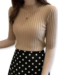 [ビートーク] リブニット 五分袖 トップス ニットソー セーター ハイネック インナー レディース フリーサイズ